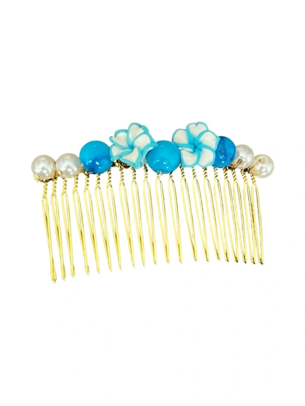 Gold Hair Comb with Turquoise Blue Flower Beads FINAL PRICE DROP